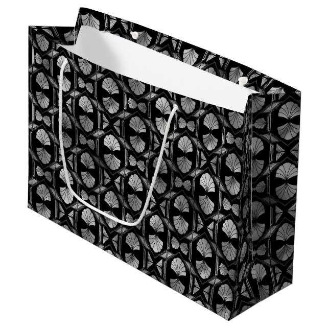 Elegant Silver Fan Grid Art Deco Pattern Design Large Gift Bag (Front Angled)