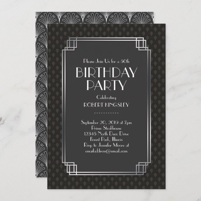 Elegant Silver Fans Art Deco Birthday Party Invitation (Front/Back)
