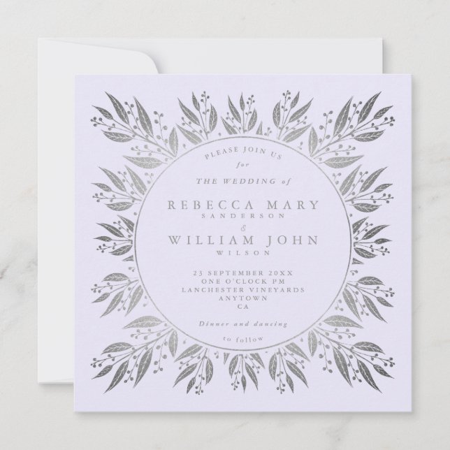 Elegant Silver faux foil greenery Wedding Invitation (Front)