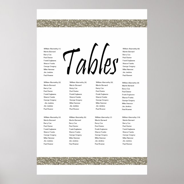 Elegant Silver Faux Glitter 10 Table Seating Chart (Front)