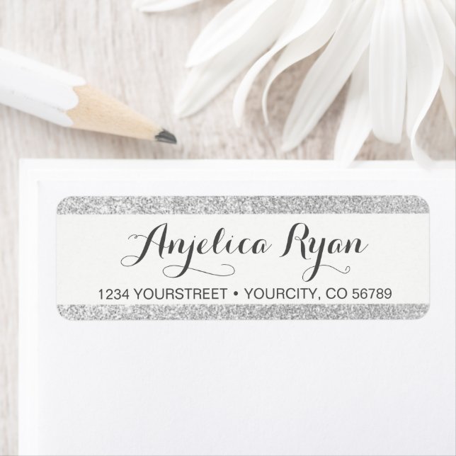 Elegant Silver Faux Glitter Stripes Return Address Label (Insitu)