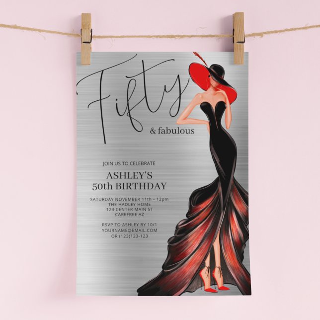 Elegant Silver Fifty and Fabulous 50th Birthday Invitation (Creator Uploaded)