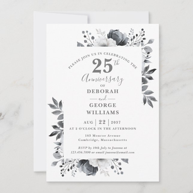 Elegant Silver Floral 25th Wedding Anniversary  Invitation (Front)