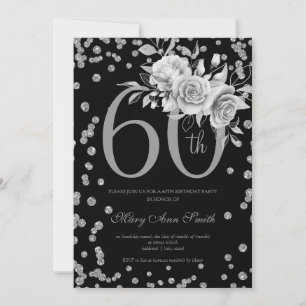 Elegant Silver Floral 60th Birthday Party Black  Invitation