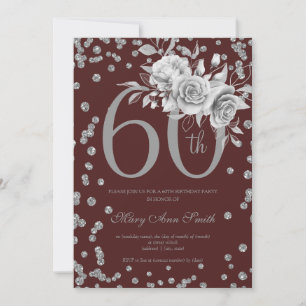Elegant Silver Floral 60th Birthday Party Burgundy Invitation