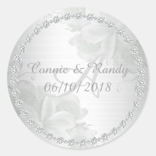 Elegant Silver Floral and Diamond Monogram Wedding Classic Round Sticker