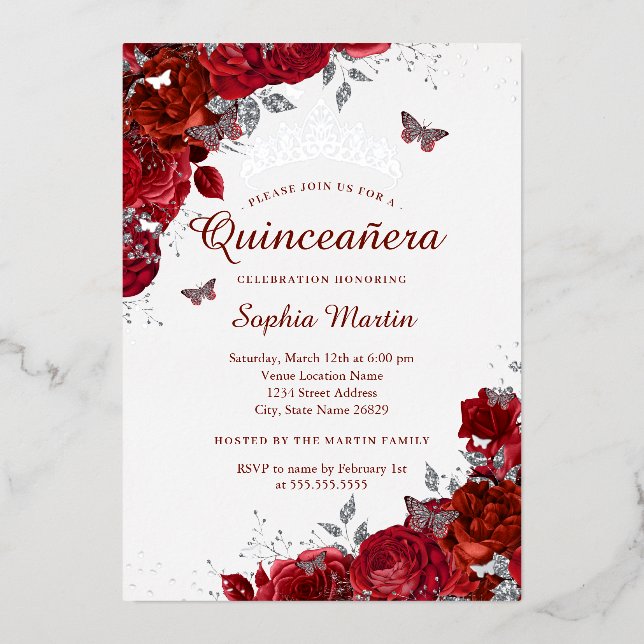 Elegant Silver Floral Butterfly Red Quinceanera  (Front)