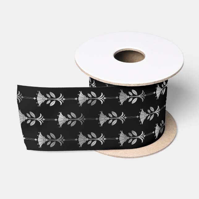 Elegant Silver Floral Column Art Deco Pattern Satin Ribbon (Spool)