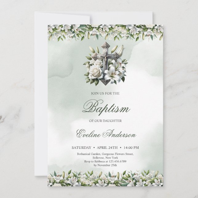 Elegant silver floral cross white lilies  Baptism Invitation (Front)