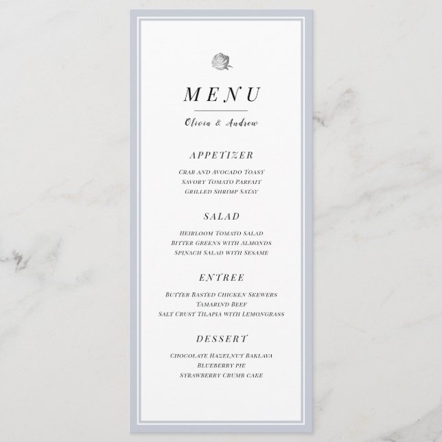 Elegant silver floral grey minimalist wedding menu (Front)