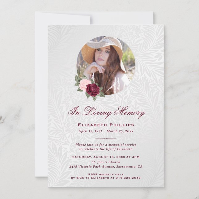 Elegant Silver Floral Photo Memorial Service Invitation (Front)