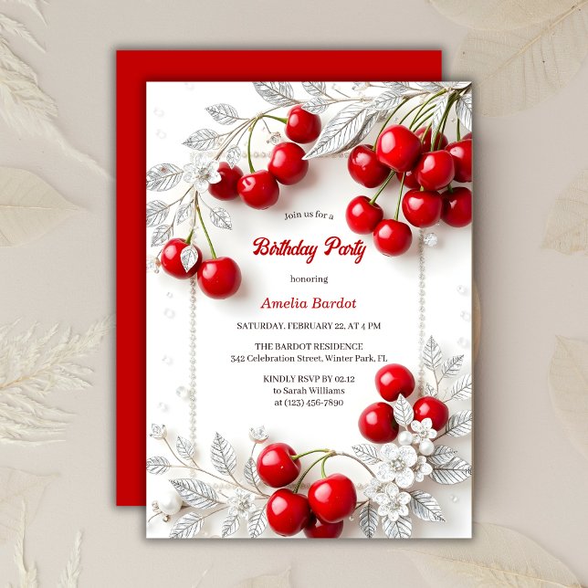 Elegant Silver Floral Red Cherry Birthday Party Invitation (Elegant Silver Floral Red Cherry Birthday Party Invitation)