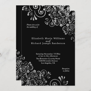 Elegant Silver Floral Swirls Black  Wedding Invitation