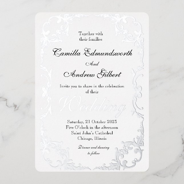 Elegant Silver Flourish Border Wedding (Front)