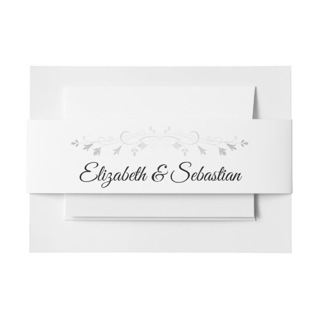 Elegant Silver Flourish on White Wedding Invitation Belly Band (Front Example)