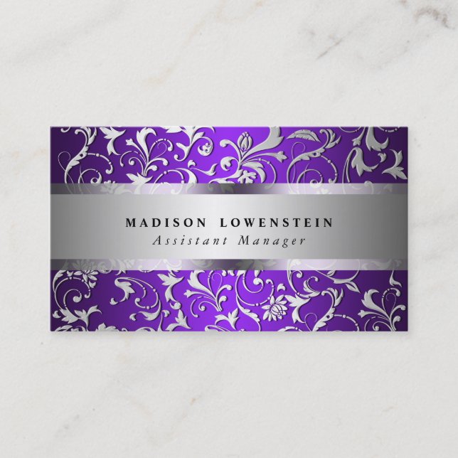 Elegant Silver Flourish Ornate Pattern Purple Business Card (Front)