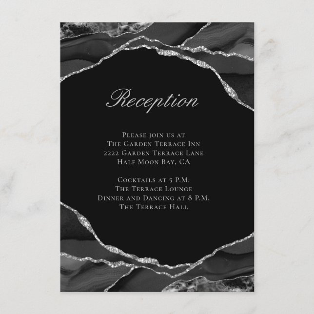 Elegant Silver Foil Black Agate Wedding Reception Enclosure Card (Front)