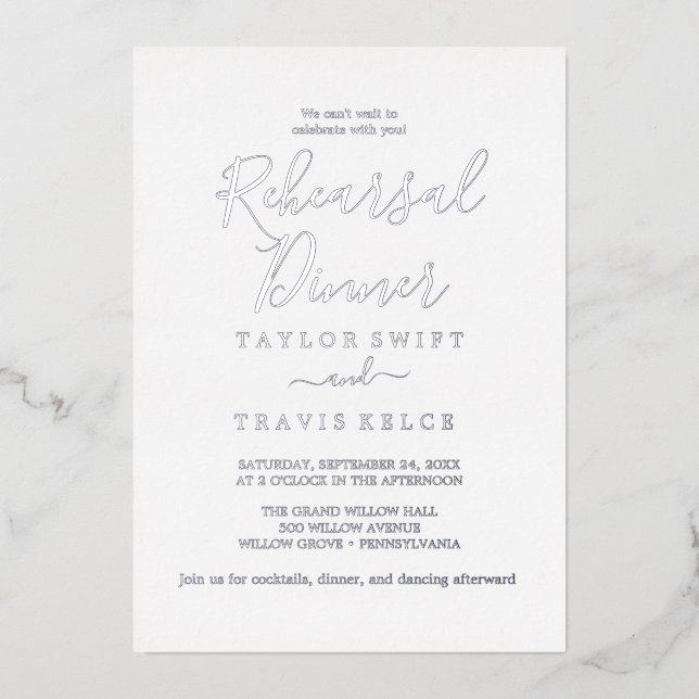 Elegant Silver Foil | Calligraphy Rehearsal Dinner (Front)