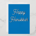 Elegant silver foil happy Hanukkah  Holiday Card<br><div class="desc">This is an elegant script that looks similar to handwriting typography design. 
Happy Hanukkah! Enjoy your Festival of Lights. Jewish heritage has traditionally been blue,  white and silver colours for Hanukkah. This is an elegant,  yet simple design for your Hanukkah cards. Happy Chanukah! Have a festive Hanukkah party.</div>