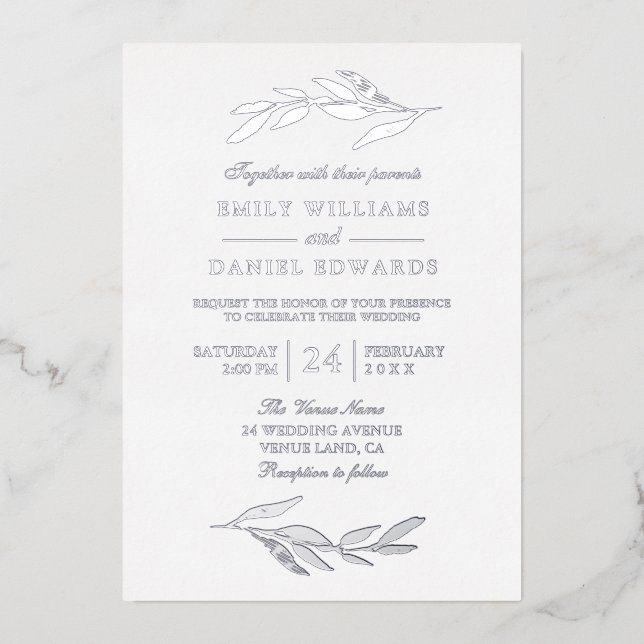 Elegant Silver Foil Leaf Modern Wedding (Front)