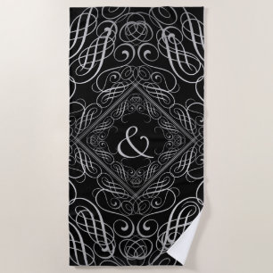 Elegant Silver Foil Look Filigree Scrollwork Black Beach Towel