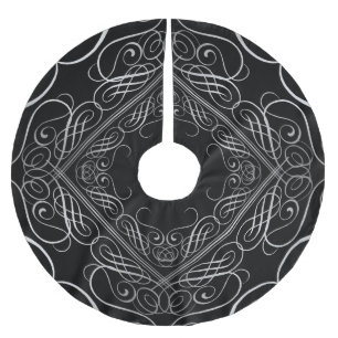 Elegant Silver Foil Look Filigree Scrollwork Black Brushed Polyester Tree Skirt