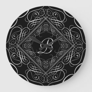 Elegant Silver Foil Look Filigree Scrollwork Black Large Clock