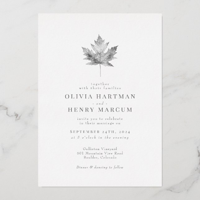 Elegant Silver Foil Maple Leaf Fall Wedding (Front)