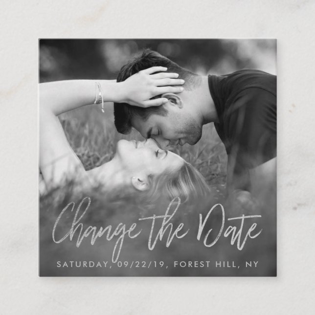 Elegant Silver Foil Script Photo Change The Date Enclosure Card (Front)