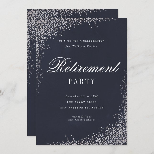 Elegant Silver Foil Script Retirement Party Invitation (Front/Back)