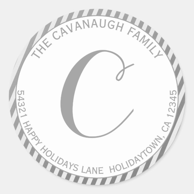 Elegant Silver Foil Stripe Monogram Address Classic Round Sticker (Front)