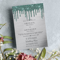 Elegant silver forest green glitter drips wedding
