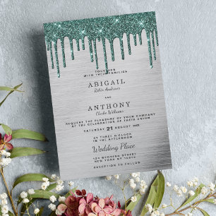 Elegant silver forest green glitter drips wedding invitation