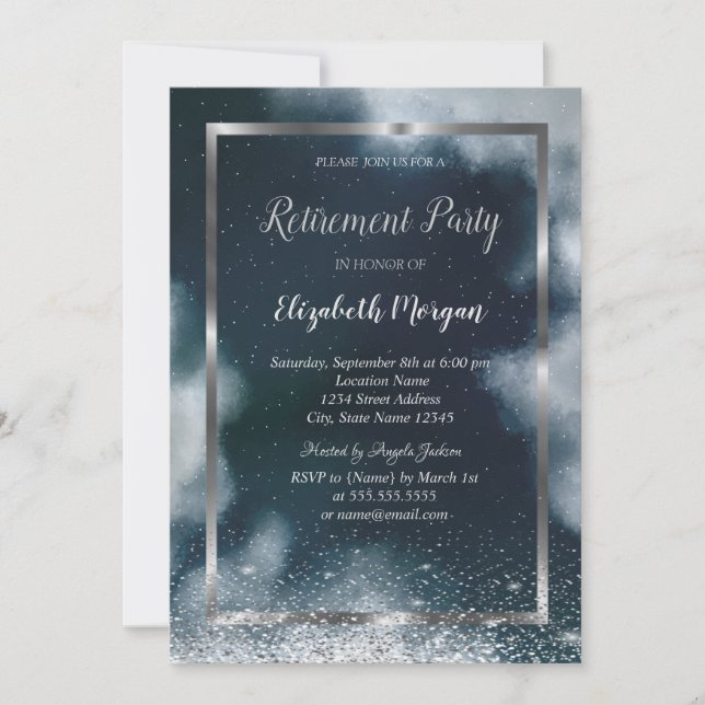 Elegant Silver Frame Confetti Night Sky Retirement Invitation (Front)