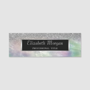 Elegant Silver  Frame, Glitter Ombre Holographic  Name Tag