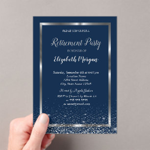 Elegant Silver Frame Navy Confetti Retirement Acrylic Invitations