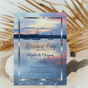 Elegant Silver Frame Navy Yacht Sunset Retirement Invitation