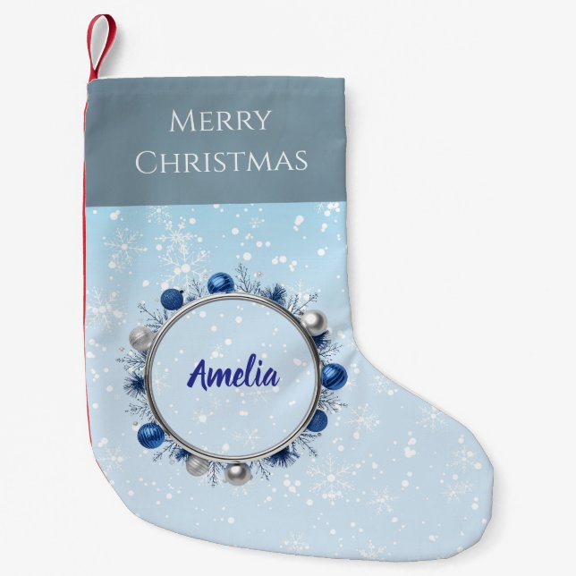 Elegant Silver Frame on Light Blue Small Christmas Stocking (Front)