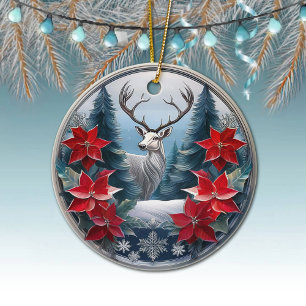 Elegant Silver Frame Reindeer, Poinsettias Deer 🦌 Ceramic Ornament