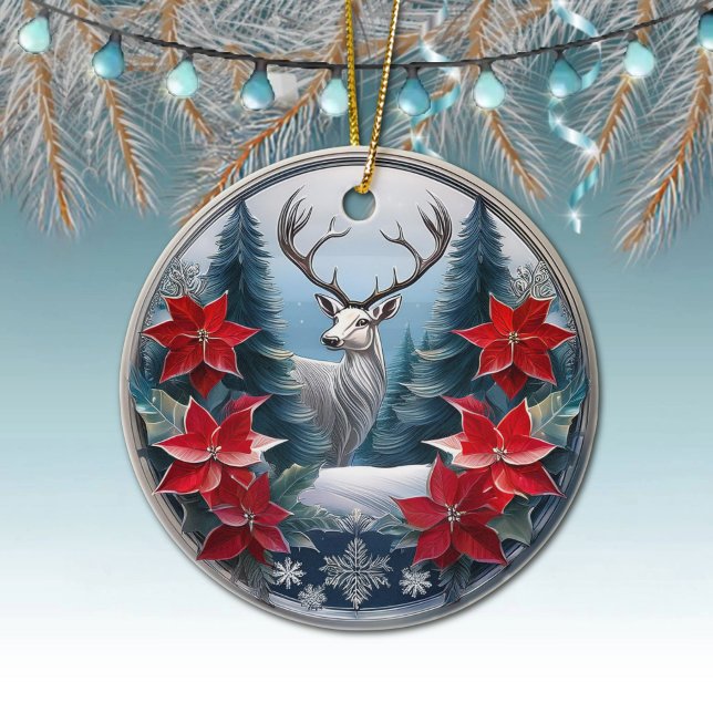 Elegant Silver Frame Reindeer, Poinsettias Deer 🦌 Ceramic Ornament (Silver Reindeer Elegant Deer Antlers, Poinsettia Flowers Winter Trees Scene Ornament Front/Back 🦌🎄)