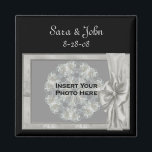 Elegant Silver Frame Wedding Favour Photo  Magnet<br><div class="desc">Elegant silver frame with a bow save the date wedding announcement favour refrigerator magnet. Ready for your special photo. Replace your information in the template. Make more changes to text and font size, style, and colour. Add your photo by clicking on Change and upload your picture. Click on Customise to...</div>