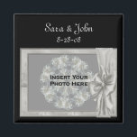 Elegant Silver Frame Wedding Favour Photo  Magnet<br><div class="desc">Elegant silver frame with a bow save the date wedding announcement favour refrigerator magnet. Ready for your special photo. Replace your information in the template. Make more changes to text and font size, style, and colour. Add your photo by clicking on Change and upload your picture. Click on Customise to...</div>