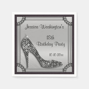 Elegant Silver Framed Black Stiletto 18th Birthday Napkin