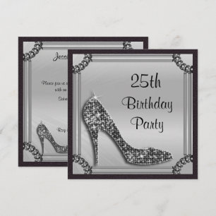 Elegant Silver Framed Black Stiletto 25th Birthday Invitation