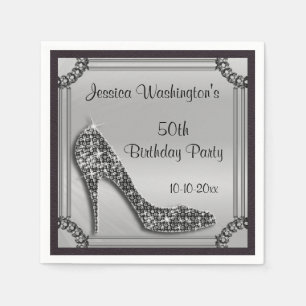 Elegant Silver Framed Black Stiletto 50th Birthday Napkin