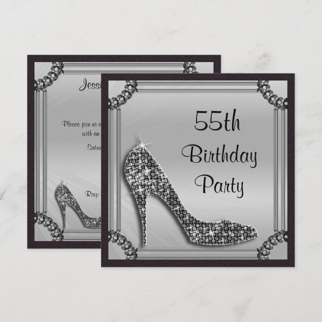 Elegant Silver Framed Black Stiletto 55th Birthday Invitation (Front/Back)