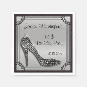 Elegant Silver Framed Black Stiletto 60th Birthday Napkin