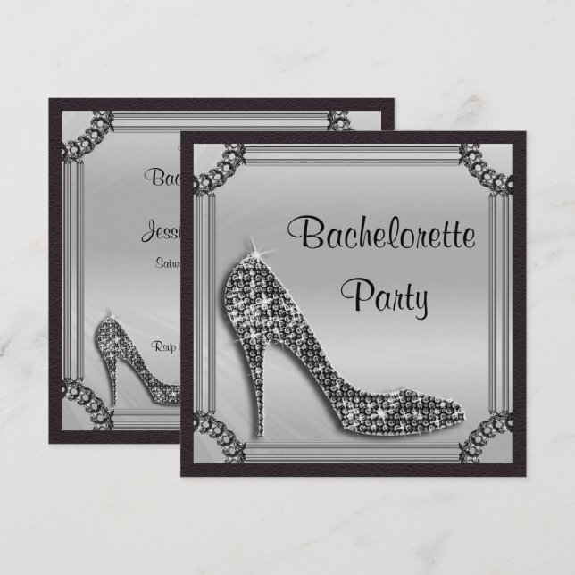 Elegant Silver Framed Black Stiletto Bachrlorette Invitation (Front/Back)