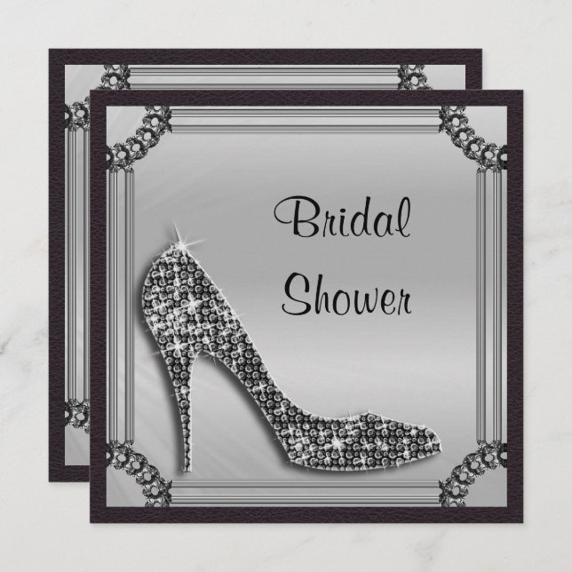 Elegant Silver Framed Black Stiletto Bridal Shower Invitation (Front/Back)