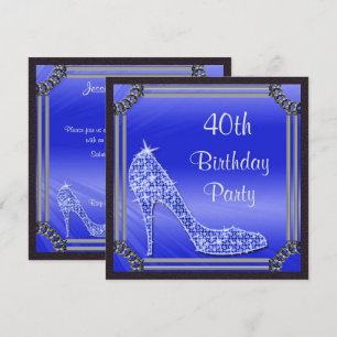Elegant Silver Framed Blue Stiletto 40th Birthday Invitation